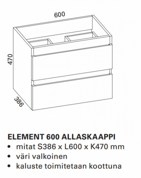 Otsoson Allaskaappipaketti Element 600 valkoinen laatikoilla ja altaalla