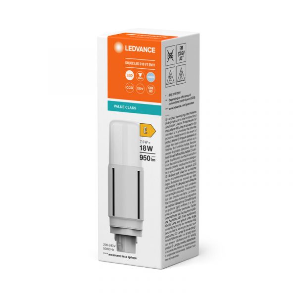 LED-PISTOKANTALAMPPU LEDVANCE DULUX D18 V EM 7,5W/840 G24D-2