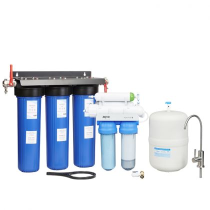 Käänteisosmoosilaite AQVA PURE 2+ -paketti juoma- ja käyttöveden puhdistamiseen järvestä tai kaivosta. XL-koko