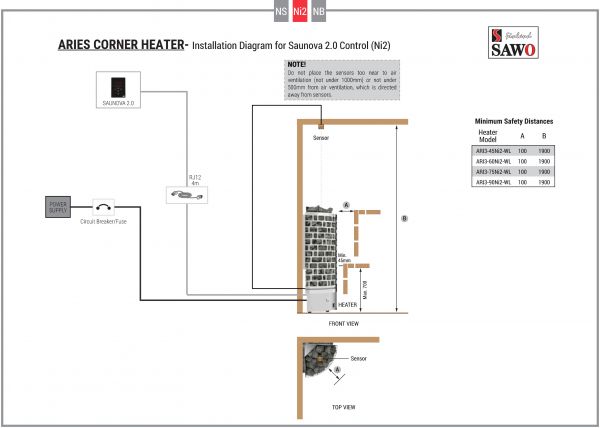 Sähkökiuas Sawo Aries Corner Ni2 7,5kW, sis. erillinen ohjaus