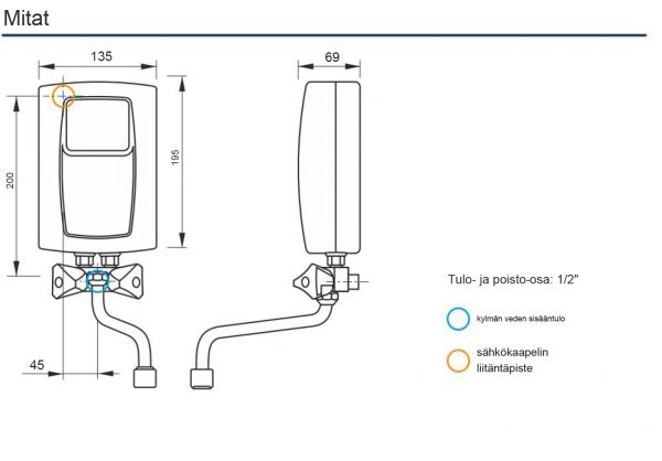 Vedenlämmitin Kospel EPS2-4,4.P, läpivirtaus, käyttövedelle, suihkupäällä