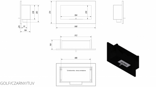 Biofireplace Kratki Golf black with glass wall mounted