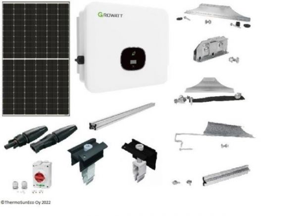 Aurinkosähköjärjestelmä Growatt 18 paneelia,7,38kW, noin 34m2