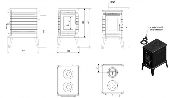 Wood burning cast iron stove K10 Ø 130, 10 kW with hot plates