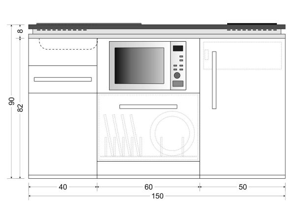 Minikeittiö MDGSM-150 Designline, mikrouunilla, astianpesukoneella, induktioliedellä, runko-valkoinen, taso-liuskekivi