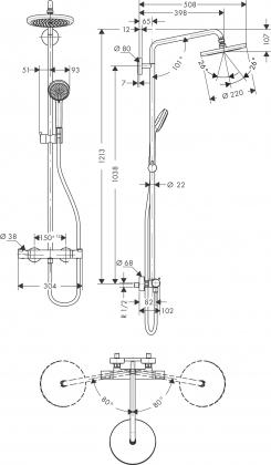 Suihkutermostaatthana Hansgrohe Suihkuhana Croma Showerpipe 220 Air 1jet