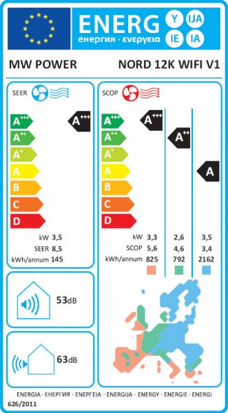 Ilmalämpöpumppu NORD 12K WIFI V1, lämmitys- ja jäähdytyslaite