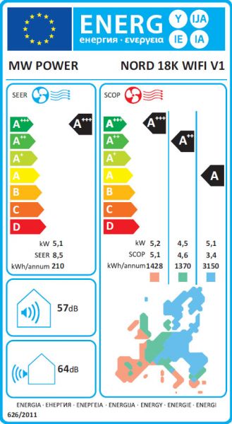 Ilmalämpöpumppu NORD 18K WIFI V1, lämmitys- ja jäähdytyslaite