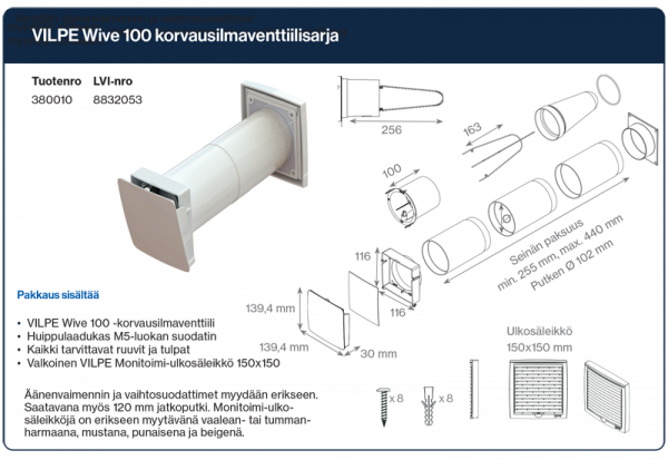 Korvausilmaventtiili Vilpe 380010 Wive 100