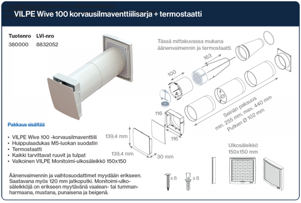 Korvausilmaventtiili Vilpe Wive 100 termostaatilla